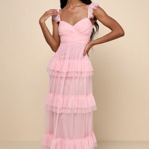 Lulus Pure Radiance Pink Mesh Swiss Dot Tiered Maxi Dress - Size XL